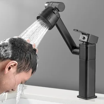 Новое Поступление Кран для раковины в ванной Латунный Вращающийся Кран для мытья Волос Кран для раковины с горячей и холодной водой Черный квадрат  0