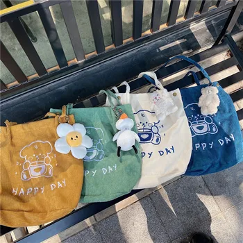 Винтажные вельветовые женские сумки с вышивкой милого Медведя, женские большие сумки для покупок на плечо, Портативная повседневная сумка для студенток для девочек  5