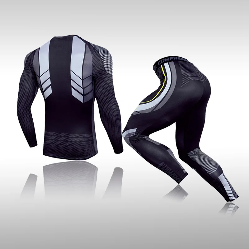 Мужской компрессионный спортивный костюм, быстросохнущий Комплект для занятий фитнесом, ММА, рашгард, Мужская спортивная одежда для бега трусцой