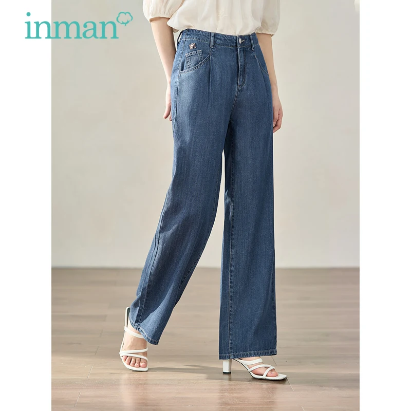 Женские джинсы INMAN 2023, Летние Прямые Длинные Брюки с высокой талией и широкими штанинами, Комфортные Мягкие повседневные универсальные синие брюки