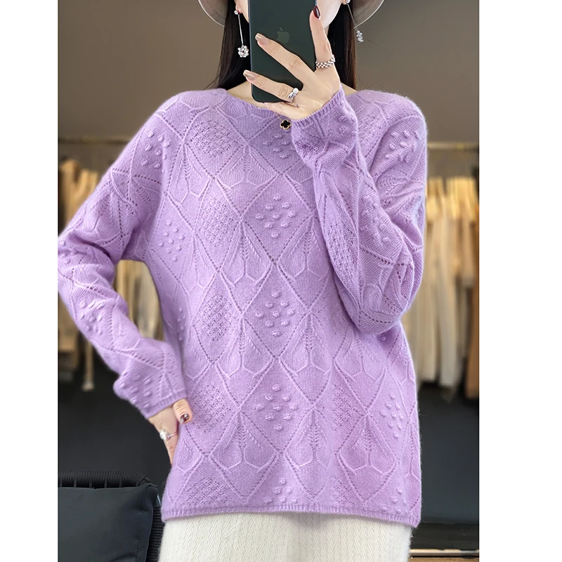Осенне-зимний новый женский пуловер, повседневный трикотаж, 100% шерстяной свитер с круглым вырезом, Женская одежда, свободные топы, открытая блузка
