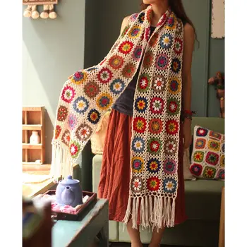 Женские шарфы Fugusen, шарфы ручной работы, женская выдолбленная шерстяная шаль с художественным принтом, прямоугольный шарф с кисточками, женские топы  5