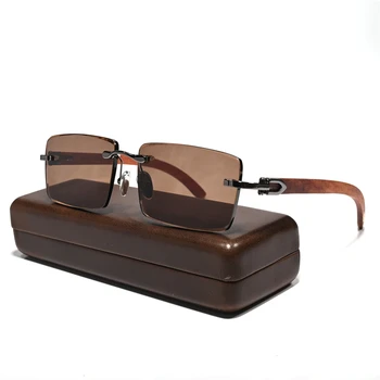 Солнцезащитные очки без оправы Мужские Темно-коричневые Линзы из натурального хрусталя + деревянная ножка с защитой от царапин Солнцезащитные Очки для мужчин Бренд Rectangle Eyewear  5