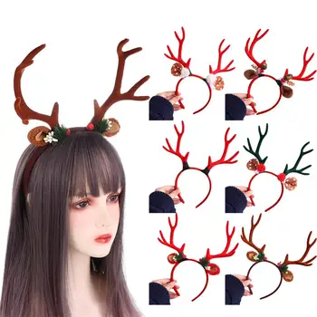 Модный праздничный олень для девочек, плюшевый шар, большие рога, женский обруч для волос, повязки на голову в корейском стиле, рождественская повязка на голову с изображением лося  5