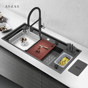 Крупногабаритная кухонная ступенчатая раковина ASRAS Нанометра Ручной работы Толщиной 4 мм с держателем ножа и мусорным баком  5