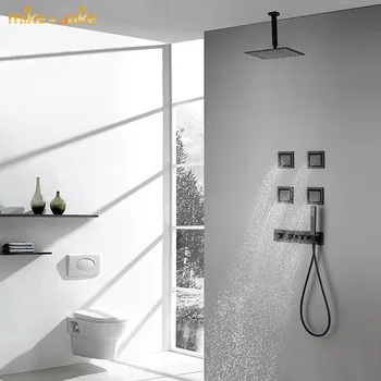Роскошный черный потолочный душ термостатический настенный комплект для ванны с большим количеством осадков черный набор для душа для ванной комнаты черный постоянный смеситель для душа  10