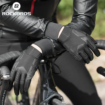 Велосипедные перчатки ROCKBROS, ветрозащитные дышащие мужские женские велосипедные перчатки на полный палец, противоскользящие Велосипедные перчатки, амортизирующие перчатки  10