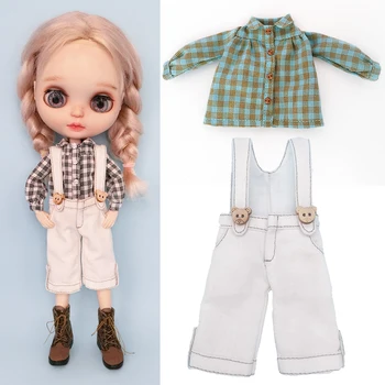 Милая рубашка в клетку для куклы Blyth, кукла Ob22, рубашка с воротником-стойкой и пуговицами, кукольный Белый комбинезон Для куклы Licca Azones Ob24  4