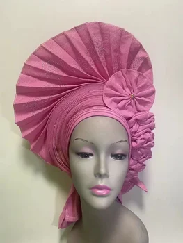 Розовый нигерийский гелевый головной убор с каменными бусинами, уже изготовленный авто, тюрбан, афро асо эби гель асо оке, головной убор с широкими полями  10
