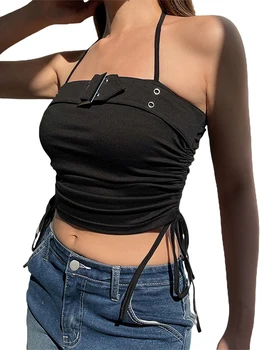 Женские Модные топы без рукавов с металлической пряжкой, боковым шнурком и запахом на груди  10