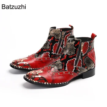 Batzuzhi/Новая Мужская обувь ручной работы; Красные Ботинки из натуральной кожи с Квадратным Носком; Мужские Короткие Рыцарские Ботинки на молнии для Вечеринок и Свадеб; Botas Hombre  5