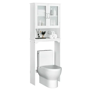 Деревянный шкаф для хранения в туалете с 3 полками для ванной комнаты, белый  10