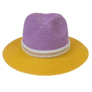Соломенная шляпа 2022 двухцветная строчка, жемчужные аксессуары, желто-фиолетовый джаз, мужская и женская солнцезащитная шляпа, пляжная шляпа, джаз кепка мужская  5