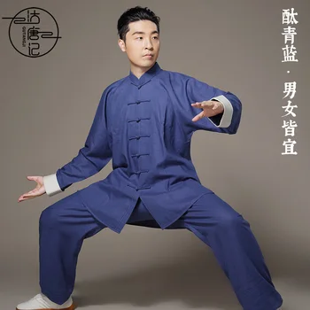 Хлопчатобумажная льняная мужская униформа для боевых искусств Тайцзи кунг-фу, китайская традиционная толстовка + брюки, повседневный тренировочный комплект для медитации, ушу  5