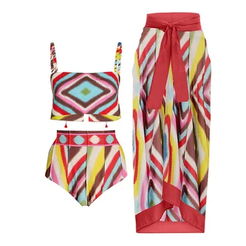 Модный комплект бикини с цветным принтом и юбка, праздничное пляжное платье, дизайнерский купальный костюм, летняя одежда для серфинга  5