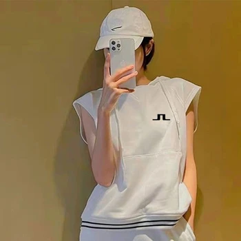 J.LINDEBERG/ Комплект для гольфа с вышивкой логотипа, Женский летний топ с капюшоном и шорты, комплект из 2 предметов, футболка для гольфа, Спортивная Повседневная одежда для гольфа  5