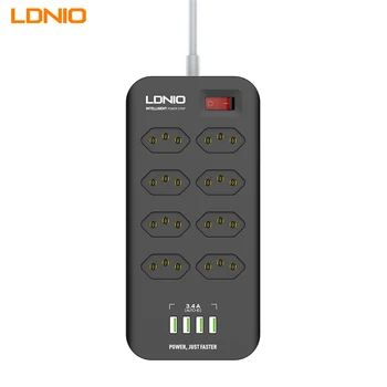 Удлинитель LDNIO SBR8412 Мощностью 2500 Вт бразильского стандарта с 4 портами USB, мобильное зарядное устройство, 8 розеток переменного тока, удлинитель для защиты от перегрузки  0