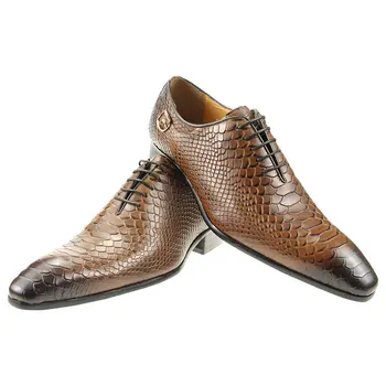 Мужская обувь Bullock, деловая официальная мужская кожаная обувь, Повседневные платья, Свадебные Оксфорды, Роскошная натуральная кожа, Змеиный принт, Острый носок  5