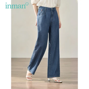 Женские джинсы INMAN 2023, Летние Прямые Длинные Брюки с высокой талией и широкими штанинами, Комфортные Мягкие повседневные универсальные синие брюки  5