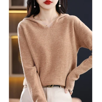 100% кашемировый свитер из мериноса, женский свитер с V-образным вырезом и длинным рукавом, однотонный длинный осенне-зимний модный топ с капюшоном, женский  5