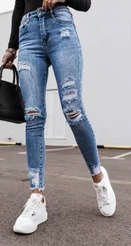2023 Новые модные рваные узкие джинсовые брюки в уличном стиле, женские джинсы, женская одежда  5