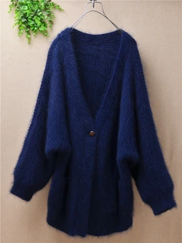 Вязаный женский свитер с длинным рукавом и v-образным вырезом из кроличьего меха, свободное кашемировое пальто, куртка, корейская модная одежда, женские кардиганы  0