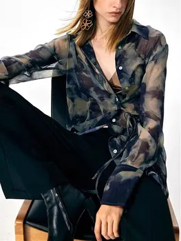 Женская Рубашка с отложным воротником с принтом чернильных пятен, Женская Свободная блузка на шнуровке, Легкая блузка с длинным рукавом, защита от солнца, 100% Шелковая блузка  10