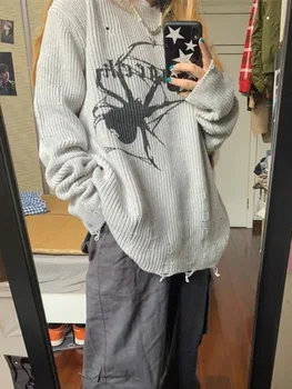 Deeptown Американский Ретро Свитер с принтом паука В готическом стиле Harajuku, Вязаные Пуловеры, Винтажный Y2k, Открытый Топ, Осень 2023  5