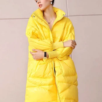 Женская высококачественная пуховая куртка желтого цвета, зимняя теплая куртка средней длины 2021, новая свободная куртка-пуховик в корейском стиле в западном стиле  4