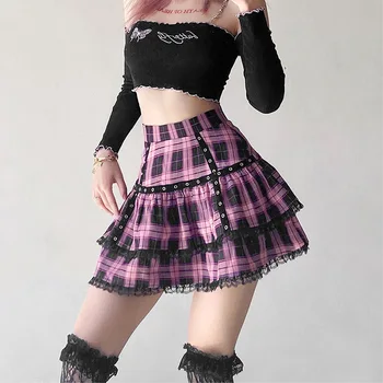 Мини-юбки в стиле Лолиты для девочек в готическом японском стиле Харадзюку Фиолетово-розовая плиссированная юбка в клетку в стиле панк, милый кружевной костюм Каваи для косплея  5