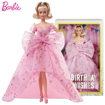 Оригинальная Фирменная классическая кукла Barbie с Пожеланиями ко Дню рождения, Розовое платье Funfetti, модели кукол-блондинок, игрушка для девочек, коллекционное издание  5