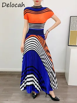 Delocah/ Высококачественное весеннее женское модное дизайнерское длинное платье с цветными блоками и коротким рукавом, плиссированные платья с высокой талией  5