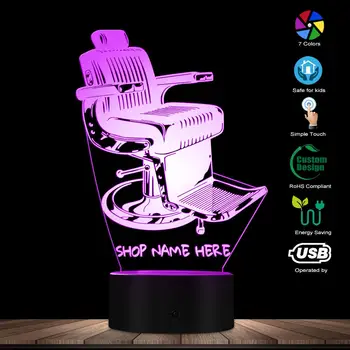 Старомодный Дизайн стула для парикмахерской Светодиодная лампа Название вашей парикмахерской Персонализированная 3D Настольная лампа Освещение Парикмахерской Художественный Декор  10