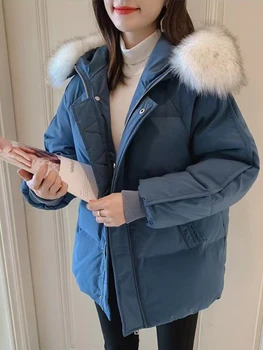 Женская куртка в корейском стиле, Новая свободная куртка с хлопковой подкладкой, Утолщенная теплая куртка, Модное зимнее пальто с капюшоном и воротником из искусственного меха  5