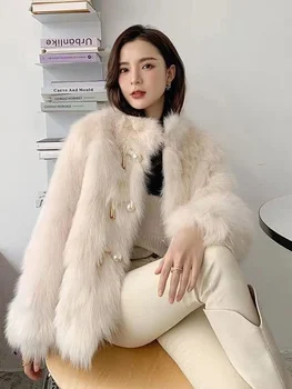 Зимнее женское пальто из искусственного лисьего меха, плюшевая толстая теплая модная белая куртка с жемчужными пуговицами, корейское женское пальто  5