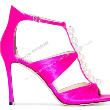Босоножки с Открытым Каблуком и Жемчужным Декором; Розовые Босоножки на шпильке; Женская обувь на Однотонном высоком Каблуке; Летняя обувь; Модные Босоножки Большого Размера; Zapatillas Mujer  10