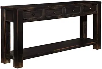 Столик для дивана в деревенском стиле с 4 выдвижными ящиками и нижней полкой, выветрившийся черный  10