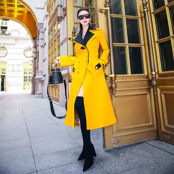 Осенне-зимнее новое женское пальто контрастного цвета 2021 Года, молодежное модное Длинное шерстяное женское пальто  10