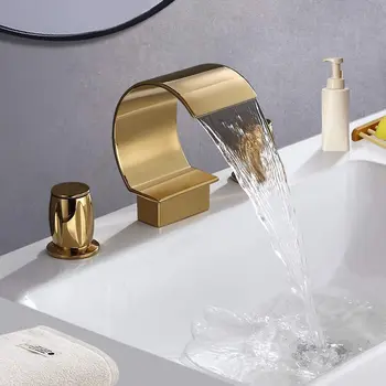 Высококачественный роскошный золотой смеситель для раковины в ванной, водопад, золотой смеситель для бассейна, холодная горячая вода, три отверстия, две ручки, кран  5