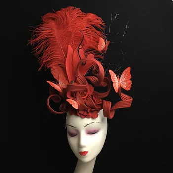 Роскошный головной убор ручной работы с красно-белыми перьями, бабочкой и кисточкой, Модельный показ Головных уборов, повязка для волос  5