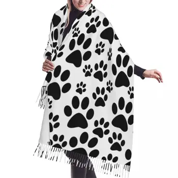 Шарф с отпечатками лап черной собаки, Зимние Длинные шарфы с большими кисточками, мягкая обертка из пашмины  5
