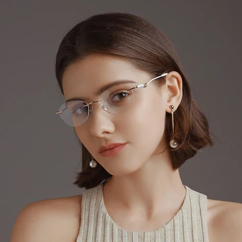 Женские очки с бриллиантами, титановые очки без оправы, высококачественная оптическая оправа для чтения при близорукости, Прогрессивные золотисто-розовые очки  5