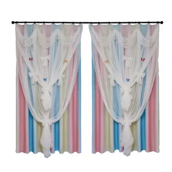Модные Корейские плотные шторы с полой звездой и бантиками, двухслойные радужные кортины Принцессы с высокой степенью затенения для спальни девушки  10
