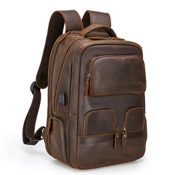 Мужской кожаный рюкзак, мужская дорожная сумка большой емкости, мужская уличная с USB-подключением, crazy horse leather  3