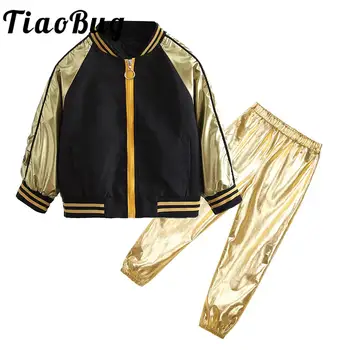 Детская одежда для танцев в стиле хип-хоп Для мальчиков и девочек, металлическая куртка в стиле пэчворк с длинными рукавами и буквенным принтом, верхняя одежда с блестящими штанами, спортивные штаны  4