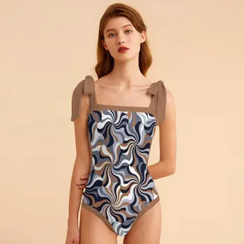 Модный Коричневый цельный купальник с принтом и юбкой, Бандажные купальники 2023, Летний пляжный купальник с эффектом Пуш-ап, на шнуровке  5