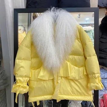 Новинка зимы 2021, большой воротник из натурального меха ягненка, яркая глянцевая теплая пуховая одежда, пальто, женская уличная куртка Femme  3