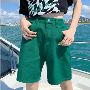 Зеленые джинсовые шорты, женские летние свободные широкие джинсовые шорты, Модные розовые шорты Harajuku, женские джинсы-Бермуды  3