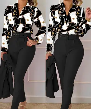 Модный Комплект из рубашки и брюк с цветным блоком и принтом в виде цепочки для Летних Дам, Европейский и Американский Женский Костюм-двойка, Наряды, Одежда  0