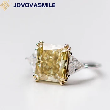 Кольцо с желтым муассанитом JOVOVASMILE 5 карат, 10,5x9 мм, Сияющая огранка из 18-каратного золота, Треугольная сторона-Муассанит, Двойной коготь, Кольца с тремя камнями  5